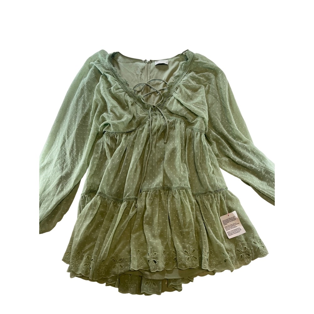 Size 8 ASOS DESIGN‎ Sage Green Embroidered Swiss Dot Tiered Lace Trim Mini Dress